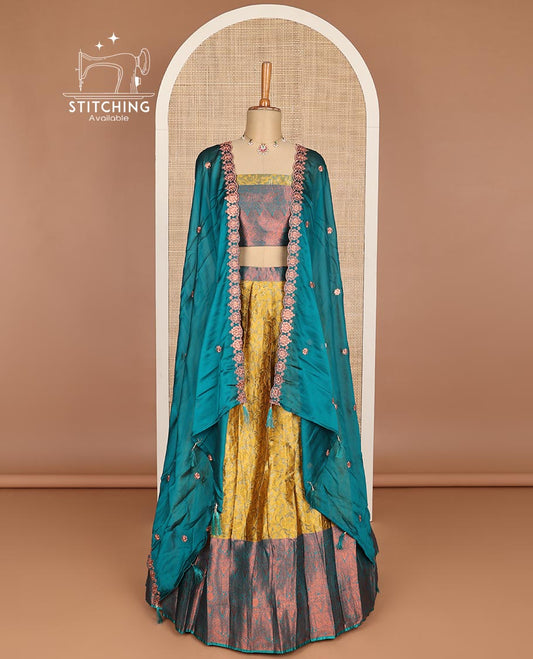Mustard floral jaal art silk half saree with contrast intricate zari design border, zari design blouse & floral embroidery scallop border dhavani