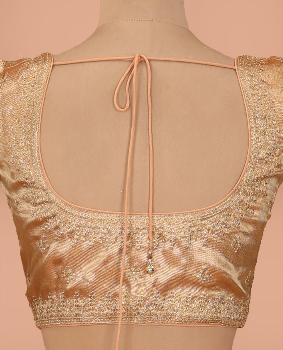 Light gold thread embroidered front-back round neck elbow sleeve blouse