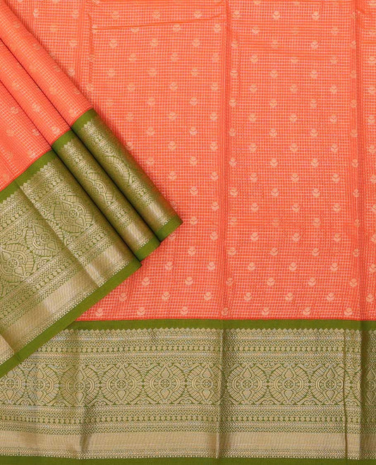 Red checked, leaf design art silk pavadai material with contrast traditional zari design border & zari design blouse