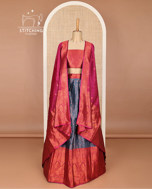 Red floral jacquard  art silk half saree with contrast zari border,  jaal design blouse & floral zari design dhavani