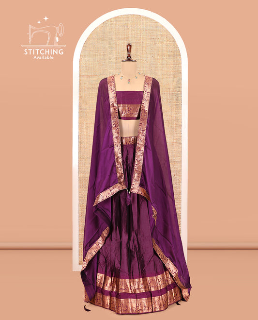 Magenta Semi-Silk Half-Saree Features Plain Skirt, a Rettai Pettu Elephant-Peacock Border, Matching Blouse, and a Dhavani
