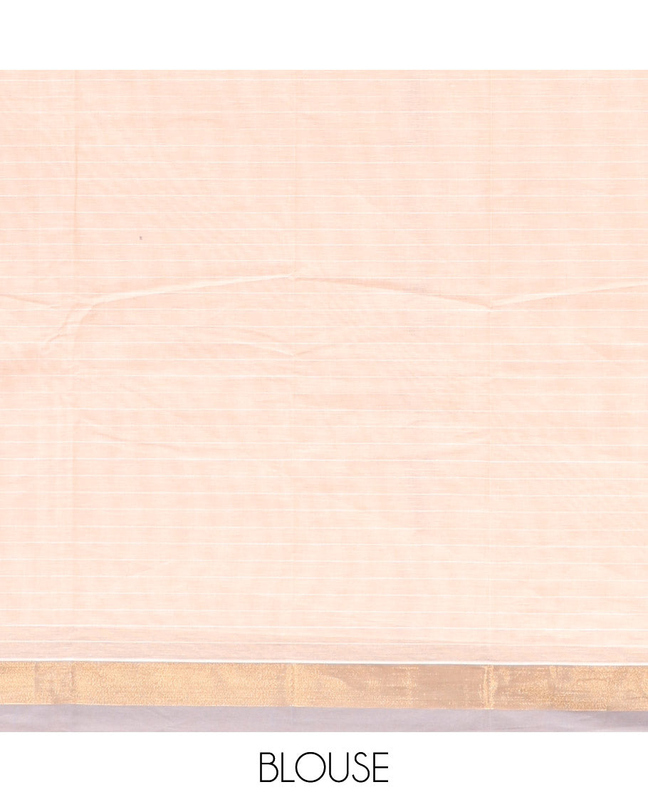 Cream Kanchi Cotton Saree, Bedecked with Buttas and Stripes All Over Its Body, Complemented by Contrast Border, Ogee Patterned Pallu, and Paired with a Matching Blouse