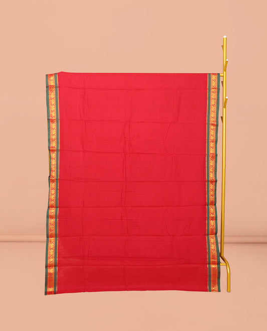 Red Plain Narayanpet Cotton Saree, Complemented by a Contrast Traditional Design Border, Striped Pallu, and Comes Without a Blouse