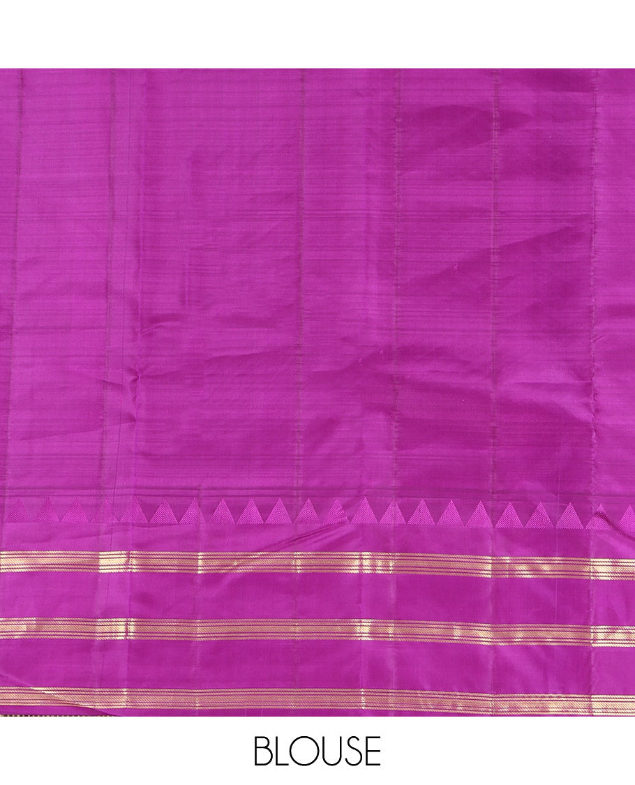 Green Vasundhara Silk Saree, Delicately Woven with Butta Enclosed Checks, Complemented by a Contrast Thazampoo Rekku Border of Banaras, Intricately Designed Pallu, and a Contrast Blouse