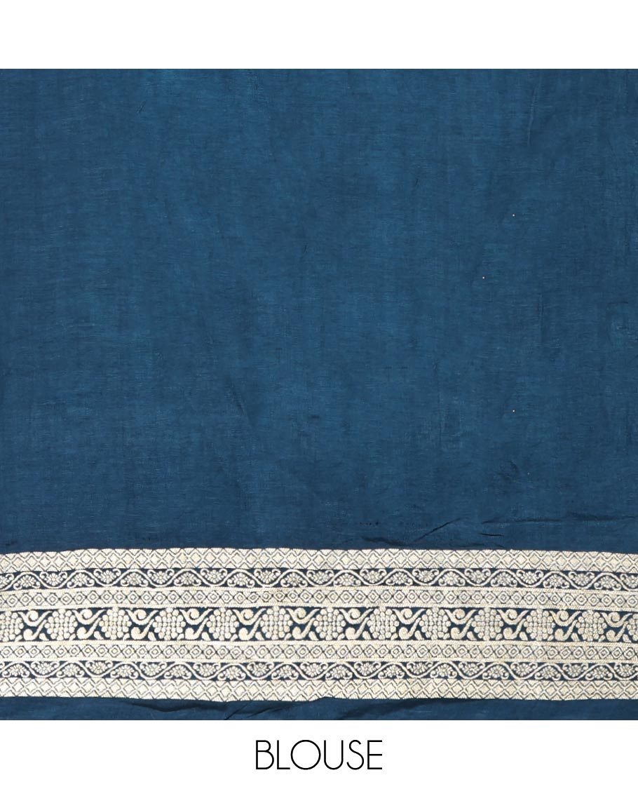 Peacock Blue Bird Buttas Russian Dola Silk Saree,Contrast Patchwork Border,Matching Blouse