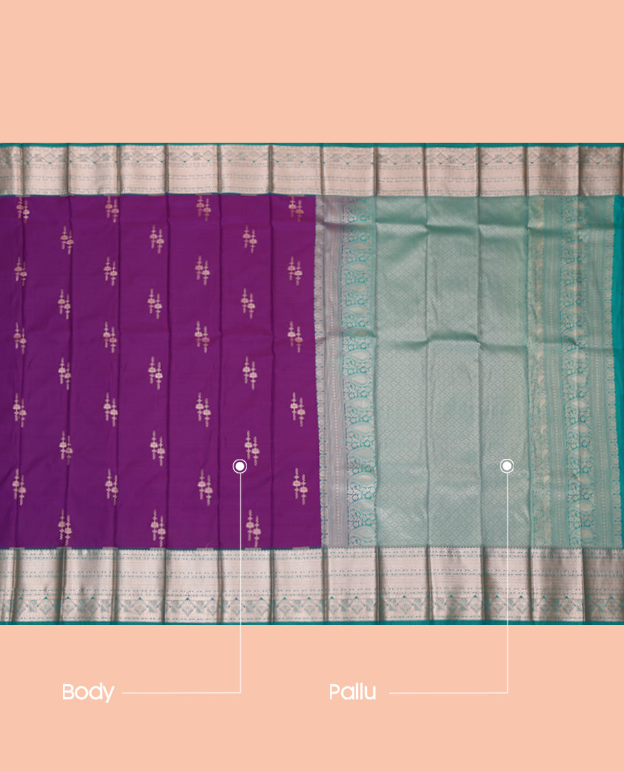 Purple Budget Silk Saree, Bedecked with Zari Buttas, Complemented by a Contrast Traditional Zari Border, Jaal Pallu, and a Contrast Blouse