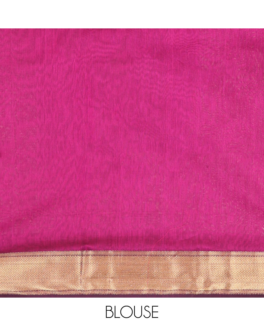 Purple Maheshwari Cotton Saree, Charmingly Accented with Floral Buttas All Over Its Body, Highlighted by  Traditional Zari Border, Pallu Steeped with Gleaming Zari Stripes, and Paired with a Matching Blouse