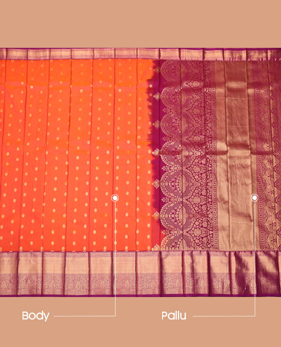 Orange Budget Silk Saree, Decorated with Zari Buttas All Over Its Body, Complemented by a Contrast Traditional Zari Border, Grand Pallu, and Paired with a Contrast Blouse