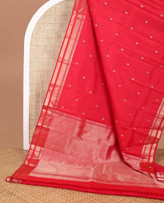 Red floral buttas silk saree with self muthu, banaras, kuyil kann design & jaal design pallu