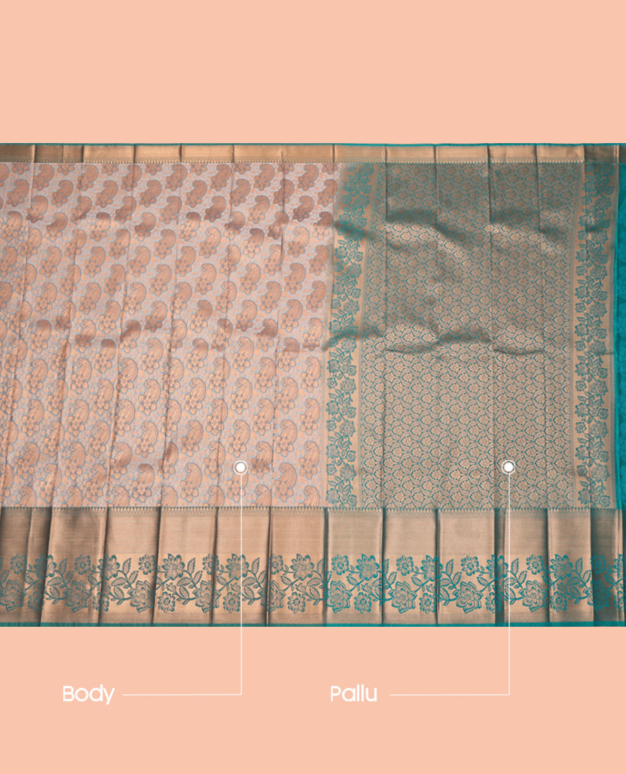 Grey Budget Silk Saree, Accentuated with a Jacquard Design, Complemented by a Contrast Floral Creeper Zari Border, Grand Pallu, and Contrast Blouse