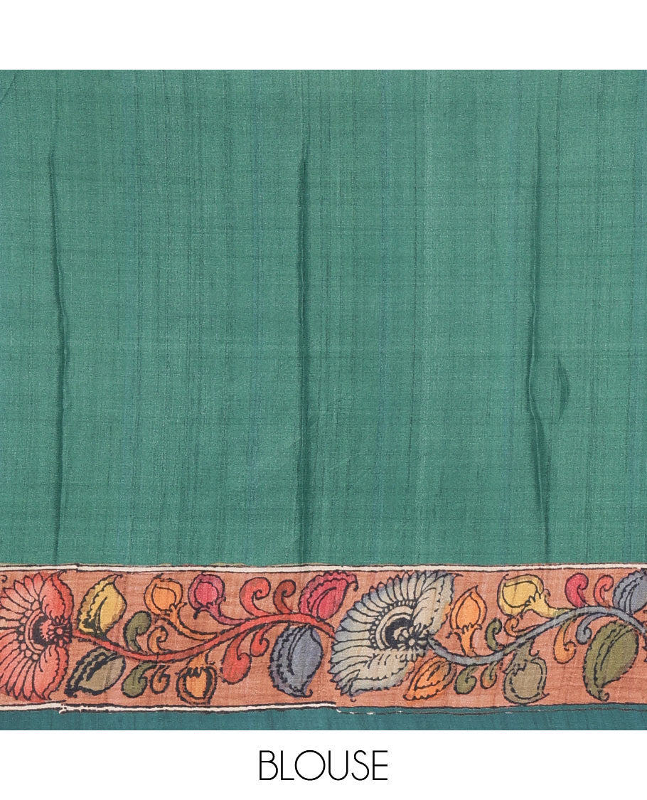 Leaf green kalamkari floral vine printed Italian crepe saree, contrast kalamkari floral creeper printed border, pallu of Pichwai and kalamkari print, and a plain blouse