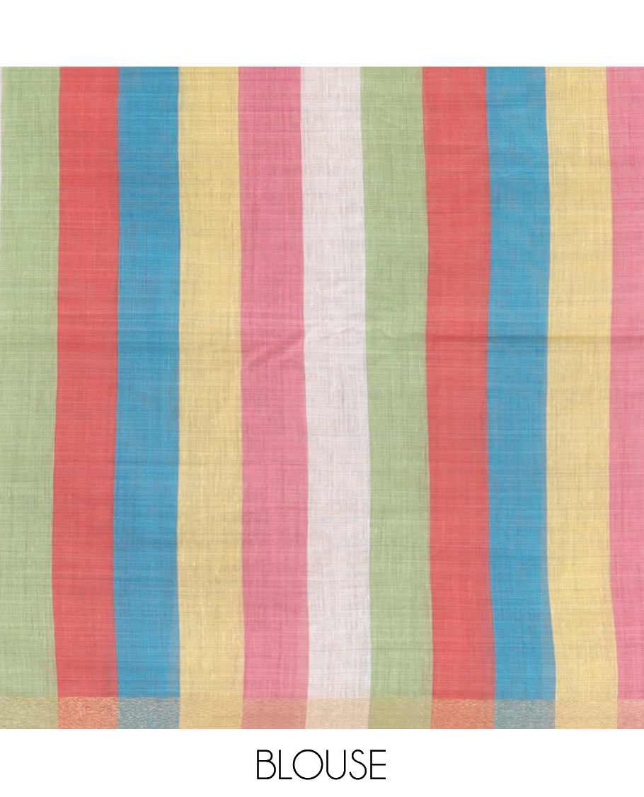 Cream Plain Semi-Tussar Saree, a Zari Border, Multi-Colored Striped Pallu, and a Contrast Blouse