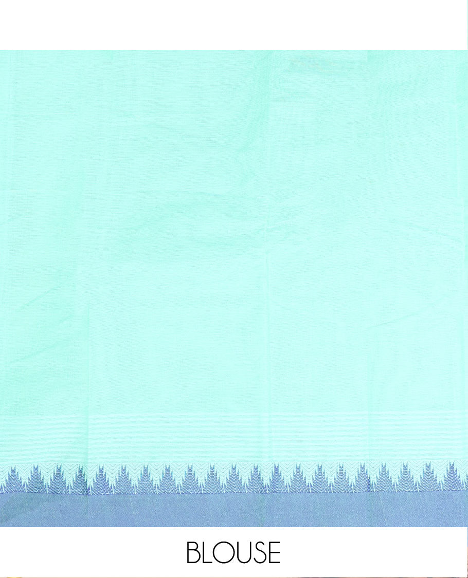 Blue Chettinad Cotton Saree, Adorned with Buttas All Over Its Body, Complemented by a Contrast Temple Border, Pallu of Paisleys, and Paired with a Matching Blouse