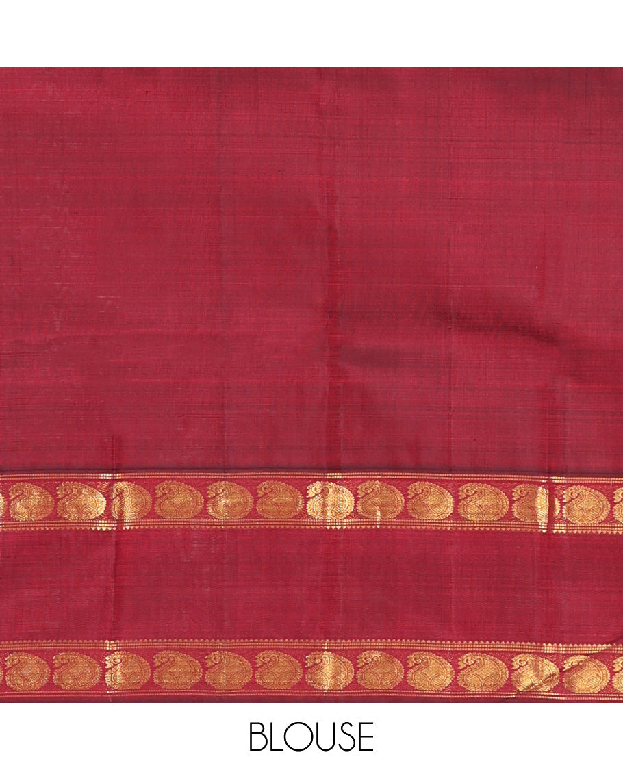 Orange Checked Kanchipuram Silk Saree, Complemented by a Contrast Rettai Pettu Manga Border, Zari Woven Pallu, and Contrast Blouse