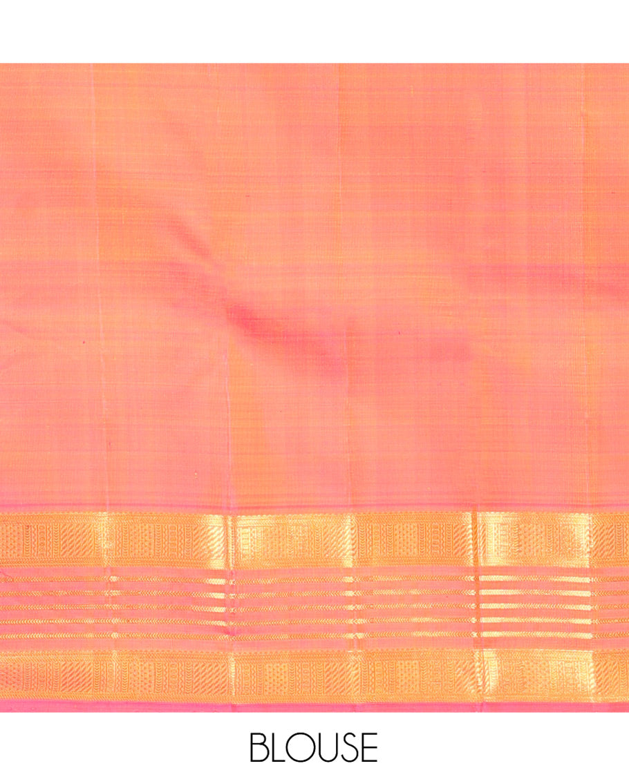 Orange Kanchipuram Silk Saree, Crafted with Thread Buttas, Complemented by Contrast Traditional Zari Border, Grand Pallu, and Contrast Blouse