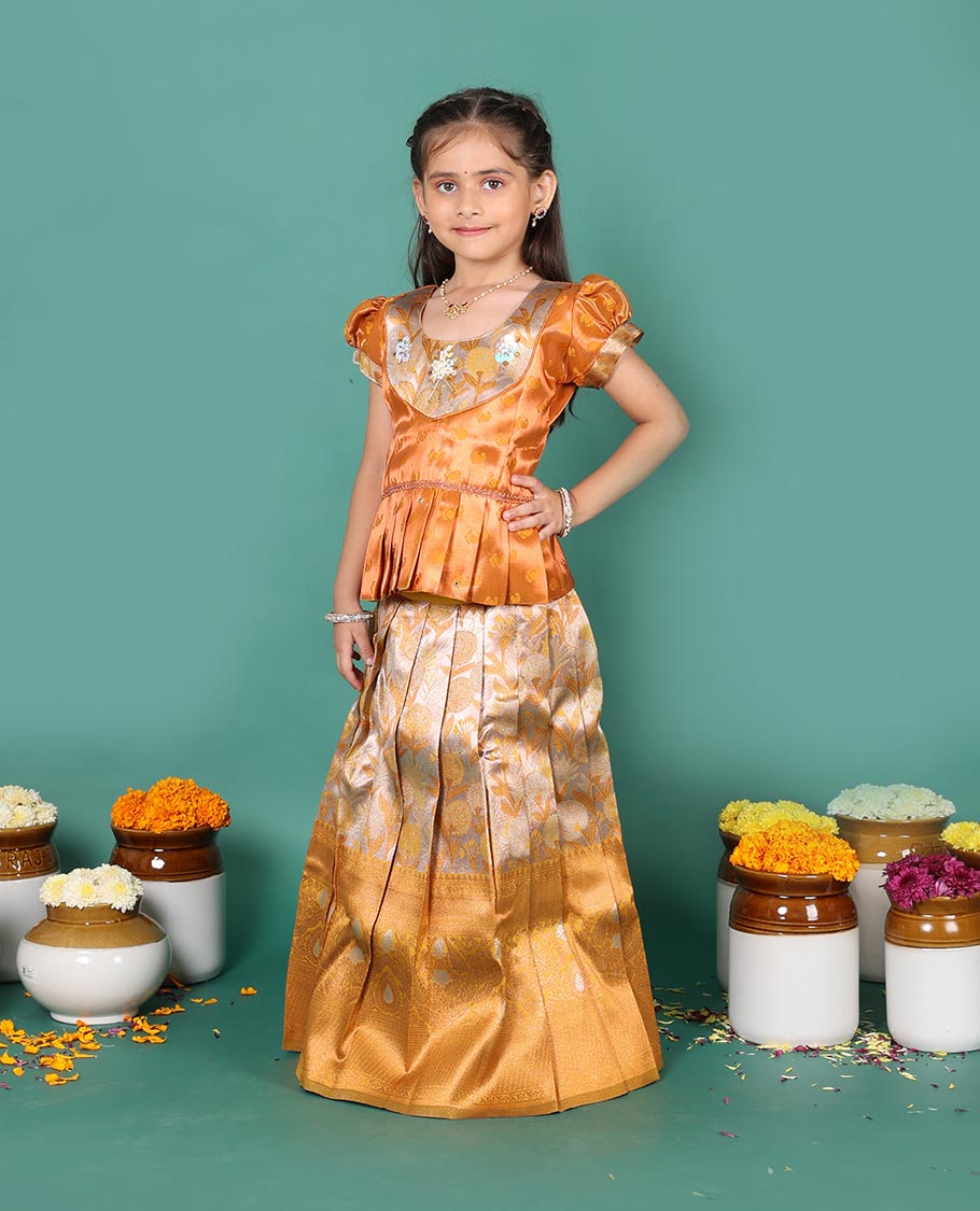 Grey art silk readymade pavadai set, floral jacquard with contrast traditional zari border skirt, contrast embroidered puff-sleeve blouse