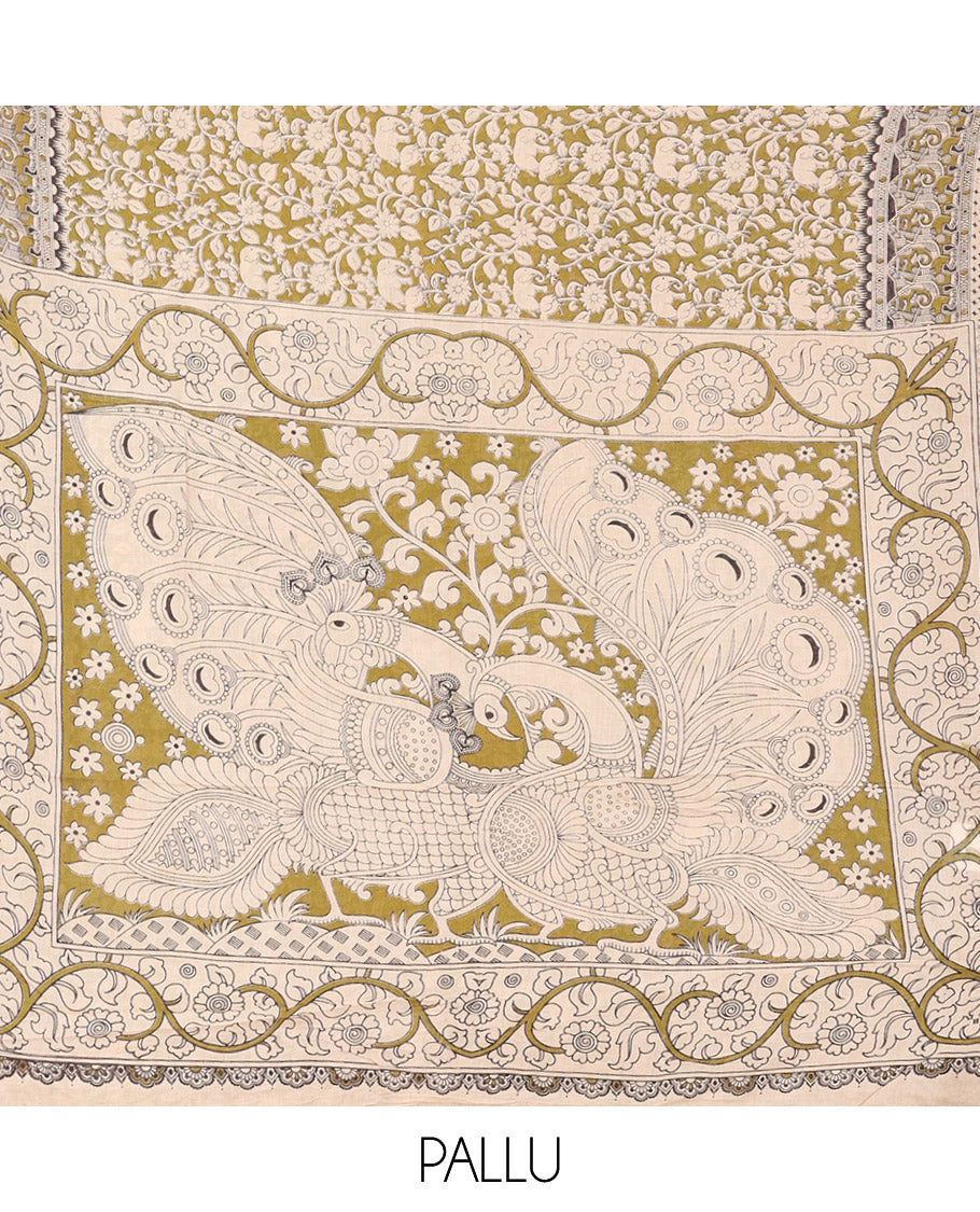 Green Kalamkari Cotton Saree, Bedecked with Flora-Fauna Print, Elephant Motifs Border, Pallu of Peacock Motifs, and a Matching Blouse