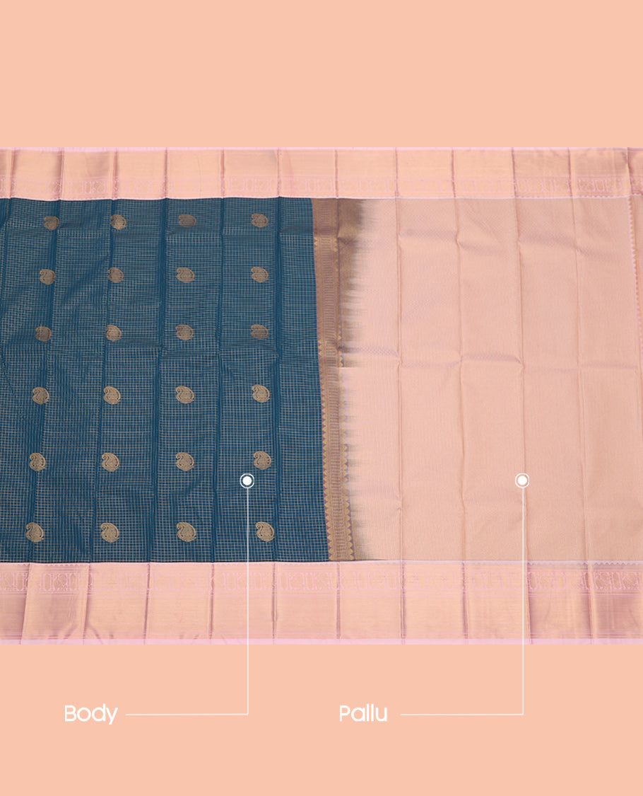 Blue Budget Silk Saree, Detailed with Zari Buttas and Checks, Complemented by Contrast Traditional Zari Border, Zari Pallu, and a Contrast Blouse