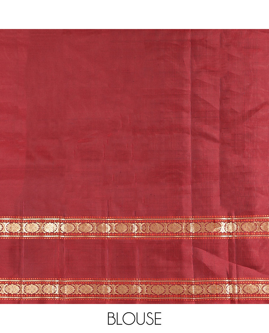 Maroon Kanchipuram Silk Saree, Adorned with Chakram Buttas, Highlighted by a Rettai Pettu Zari Border of Muthu, Banaras, and Cross Kamalam Designs, Mayil-Chakram Pallu and a Matching Blouse