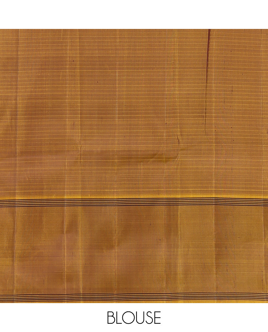 Green Muthu Kattam Kanchipuram Silk Saree, Complemented by Contrast Bodi Border, Striped Pallu, and a Contrast Blouse