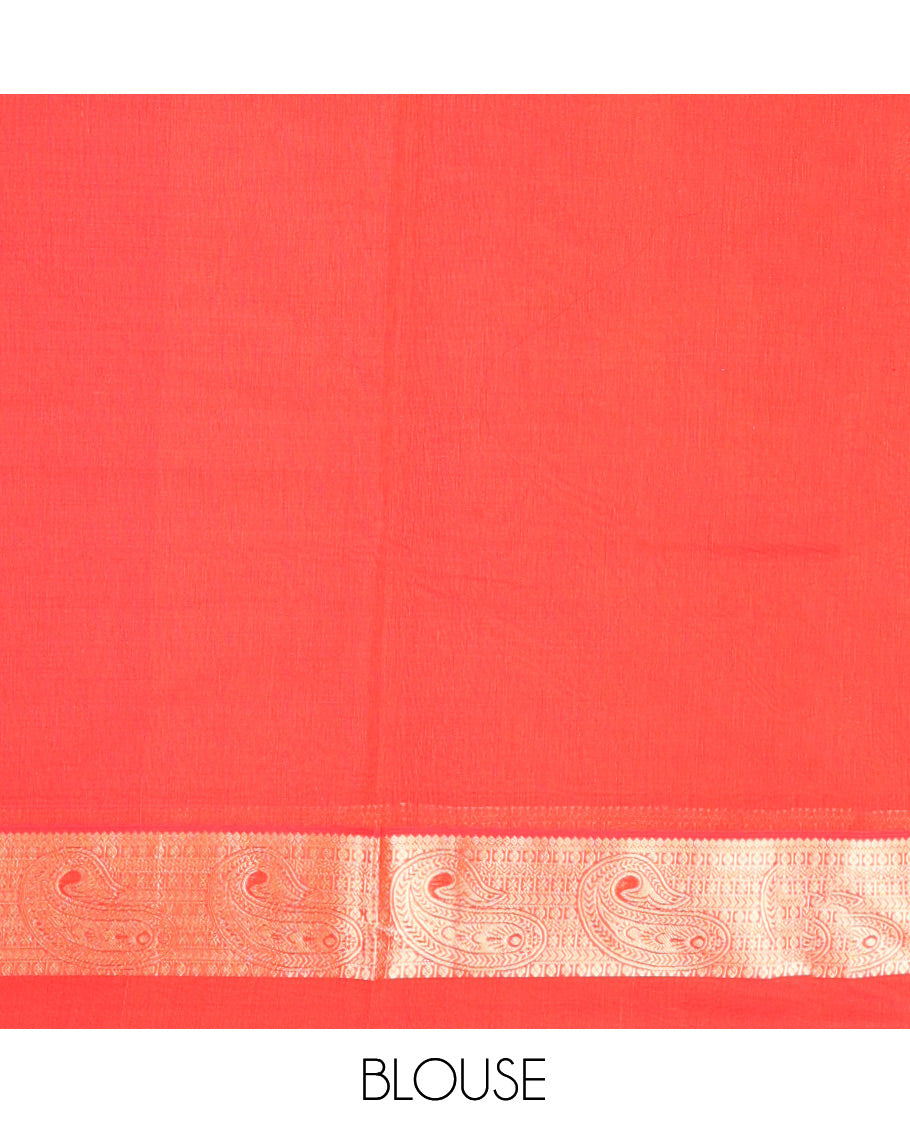 Orange Silk Cotton Saree, Accentuated with Buttas, a Contrast Traditional Zari Paisley Design Border, Pallu of Intricate Designs, and Contrast Blouse