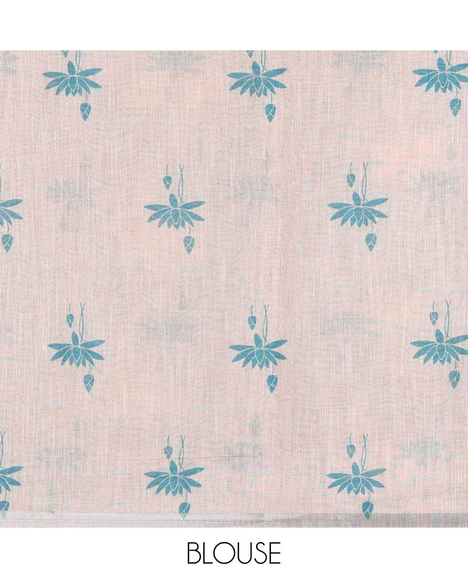 Peacock Pichwai lotus printed linen cotton saree, piping zari border, colorful tasselled lotus printed pallu, and a contrast lotus printed blouse