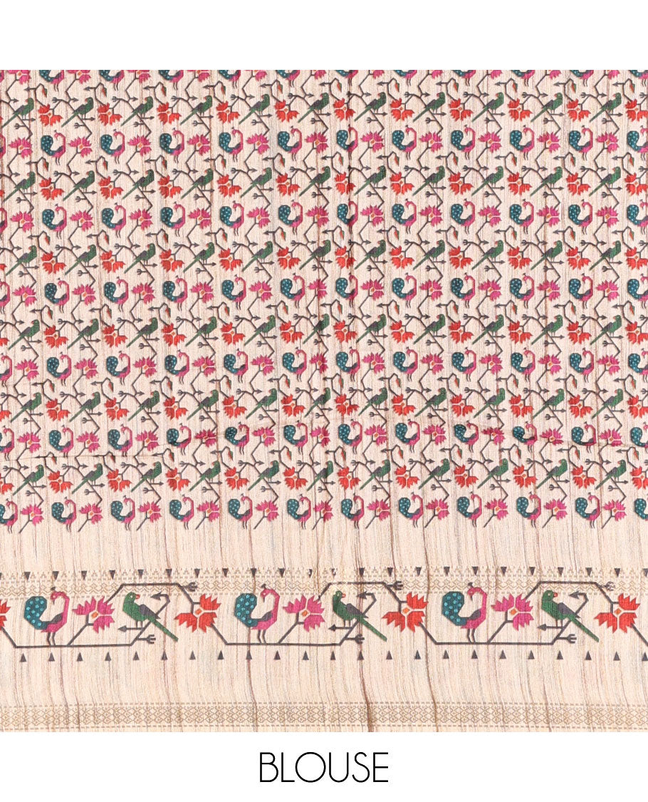 Dark violet muniya motifs katan silk saree, contrast paithani style border, pallu and blouse steeped with peacock, parrot, and floral motifs,