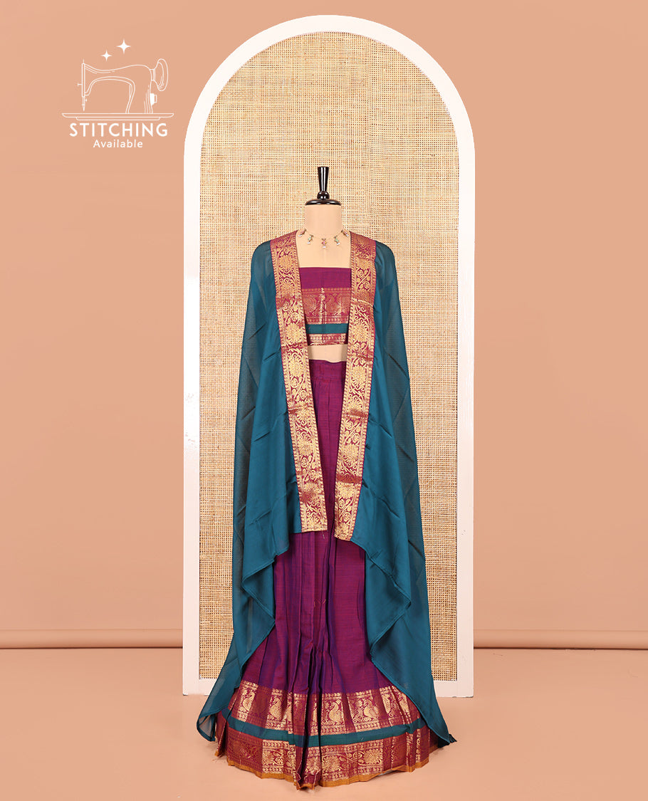 Purple Mercerised Cotton Half-Saree Features a Plain Skirt, a Contrast Peacock-Floral Creeper Border, a Matching Blouse, and a Contrast Dhavani