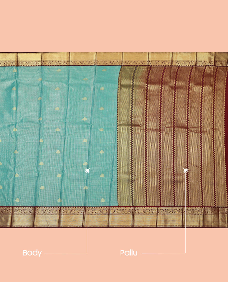 Green Budget Silk Saree, Mesmerized with Zari Buttas and Checks, Complemented by a Contrast Traditional Zari Border, Geometric Pallu, and a Contrast Blouse