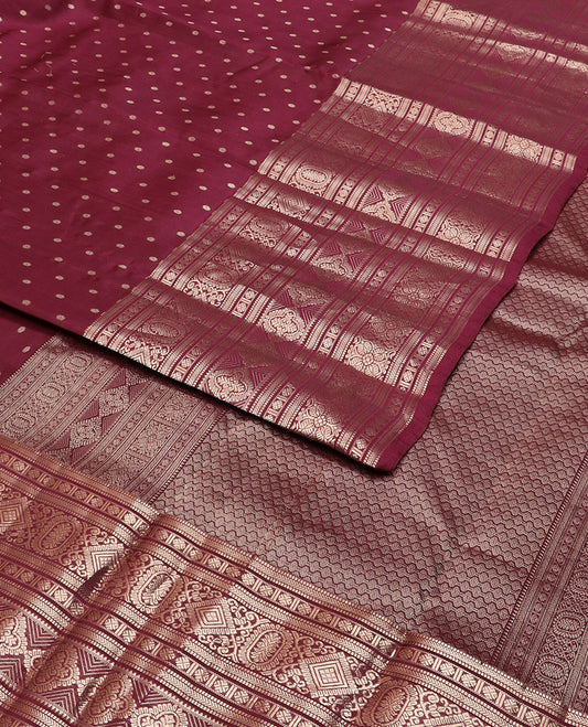 Maroon zari buttas vasundhara silk mix saree, intricate pallu & zari border of muthu,kathir,rudraksham & geometric designs
