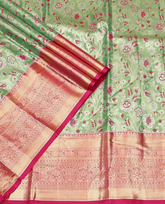Green Art Silk Material Half Saree, Spotlighted with Jacquard Skirt, a Contrast Traditional Zari Border, Contrast Blouse, and an Intricate Dhavani