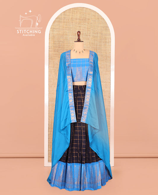 Navy Blue-Firozi Blue Sungudi Cotton Half-Saree Features Checked Skirt, Contrast Gopuram Border, Contrast Blouse, and Zari-Bordered Syska Georgette Dhavani