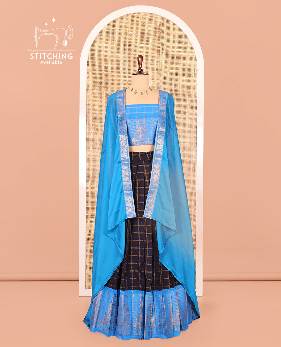 Navy Blue-Firozi Blue Sungudi Cotton Half-Saree Features Checked Skirt, Contrast Gopuram Border, Contrast Blouse, and Zari-Bordered Syska Georgette Dhavani