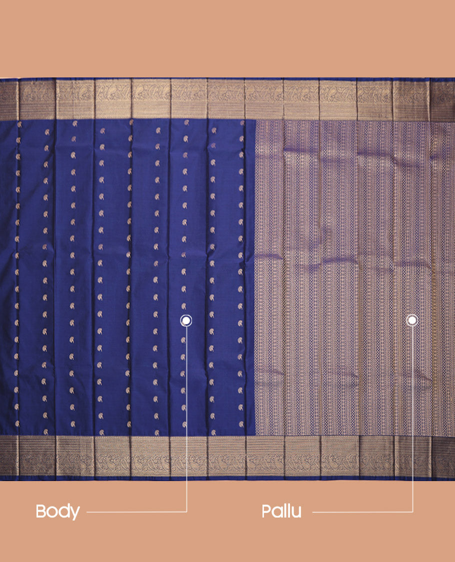Blue Budget Silk Saree, Detailed with Zari Buttas, Highlighted by a Traditional Zari Border, Geometric Pallu, and a Matching Blouse