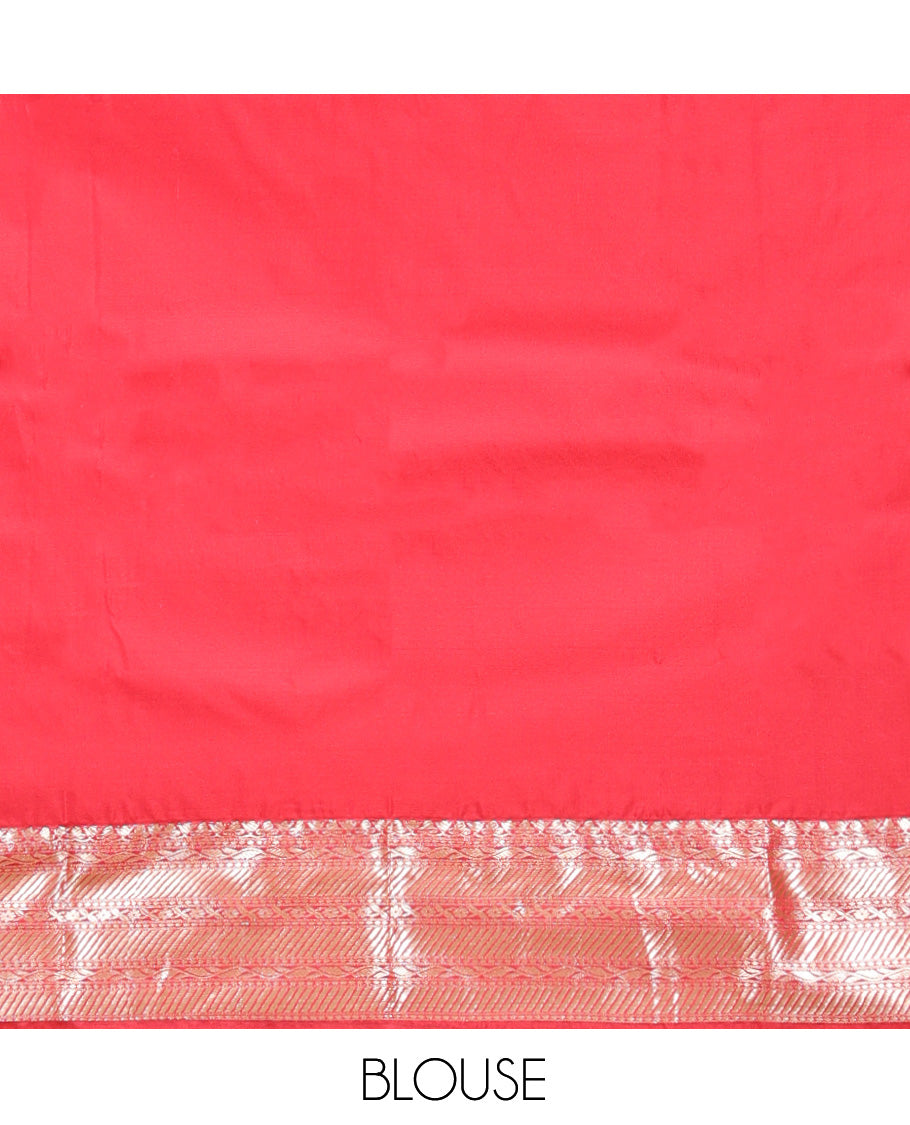 Orange Budget Silk Saree, Accentuated with Peacock Buttas, Complemented by a Contrast Traditional Zari Border, Jaal Pallu, and Contrast Blouse