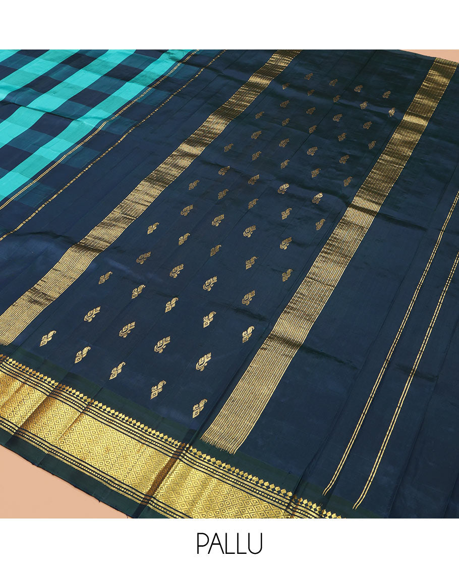 Multi-Color Checked Kanchipuram Silk Saree, Highlighted by a Zari One-Sided Border of Panner Sombu, Banaras, Muthu, and Jaal Designs, Zari Design Pallu, and a No Blouse