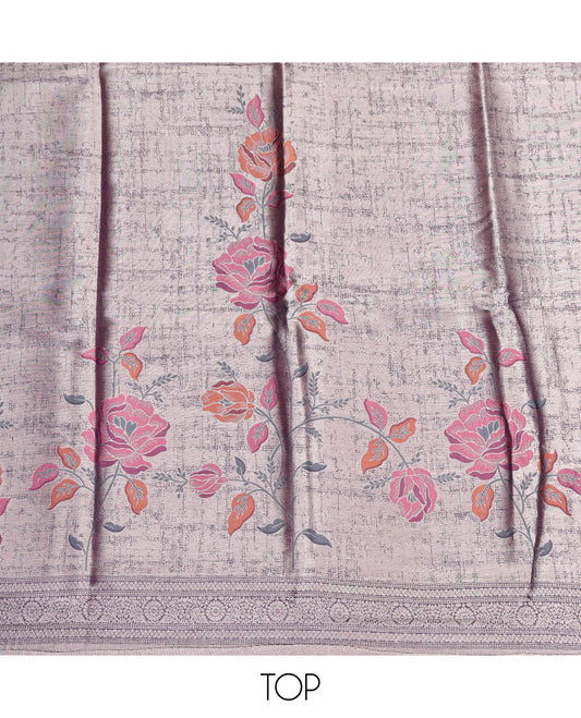 Grey Material Churidar Set, Artfully Detailed with Floral Prints on Its Banarasi-Silk Top, a Contrast Rayon Bottom, and Floral Printed Dupatta