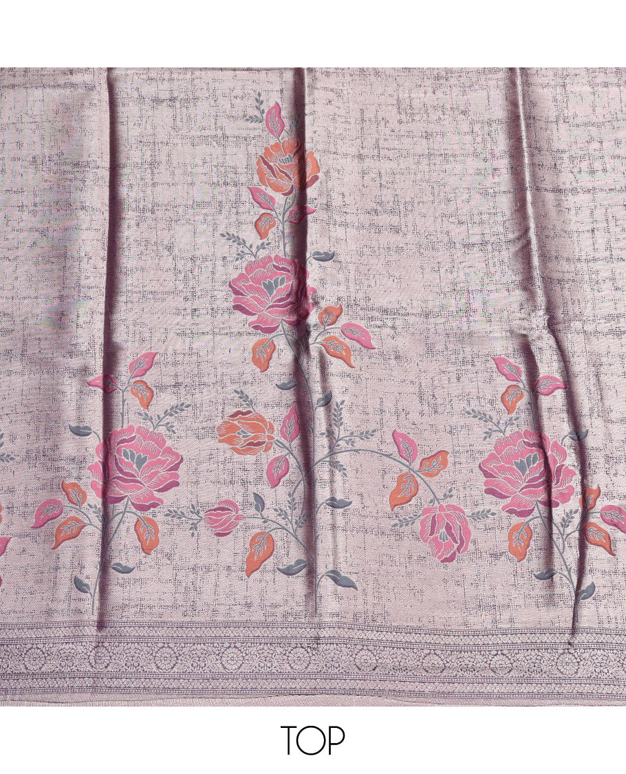 Grey Material Churidar Set, Artfully Detailed with Floral Prints on Its Banarasi-Silk Top, a Contrast Rayon Bottom, and Floral Printed Dupatta
