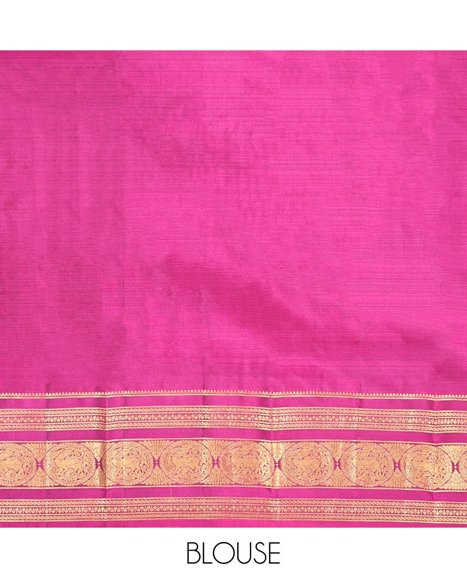 Violet Vasundhara Silk Saree, Meticulously Crafted with Mayil-Chakra Buttas, Contrast Border of Thilakam Mokku, Puli Nagam, and Round Yaali Designs, Grand Pallu, and a Contrast Blouse