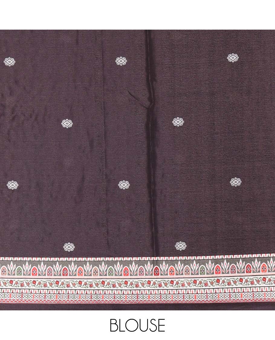 Black geometric and floral printed with mirror work masakali saree, self-border, printed and mirror work pallu, and a matching blouse