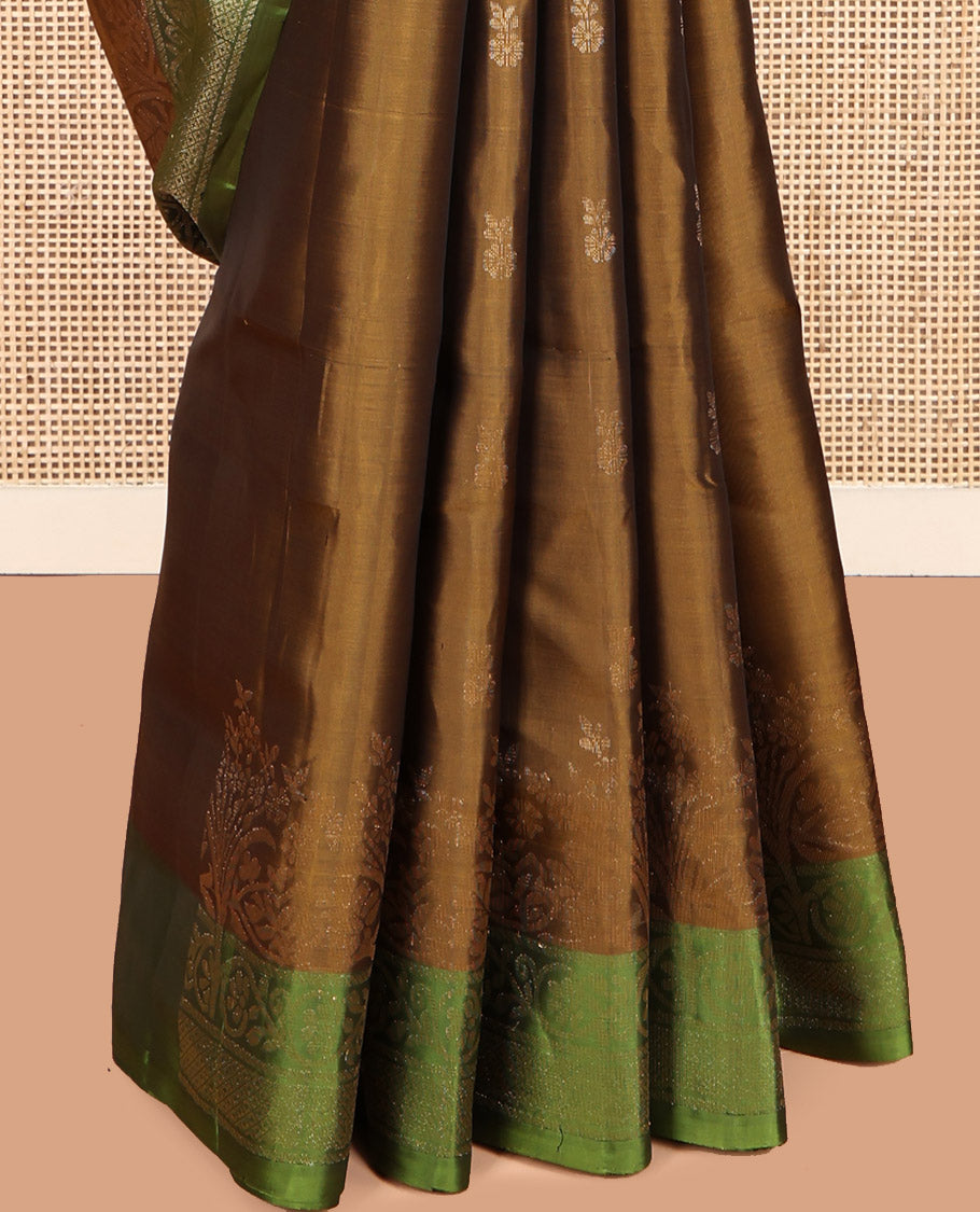 Brown Mayuri Lite Silk Mix Saree, Finely Crafted with Zari Buttas, Contrast Border of Floral Creeper Design, Pallu of Intricate Designs, and a Contrast Blouse