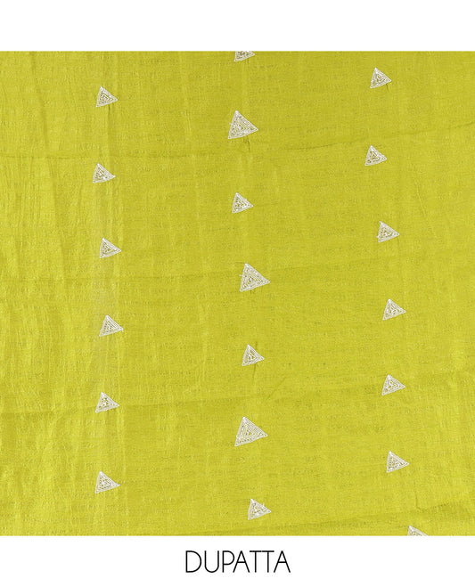 Parrot Green Vichitra Silk Material Chudidar Features a V-Neck Thread-Sequined Top, a Plain Bottom, Matching Thread-Sequined Dupatta