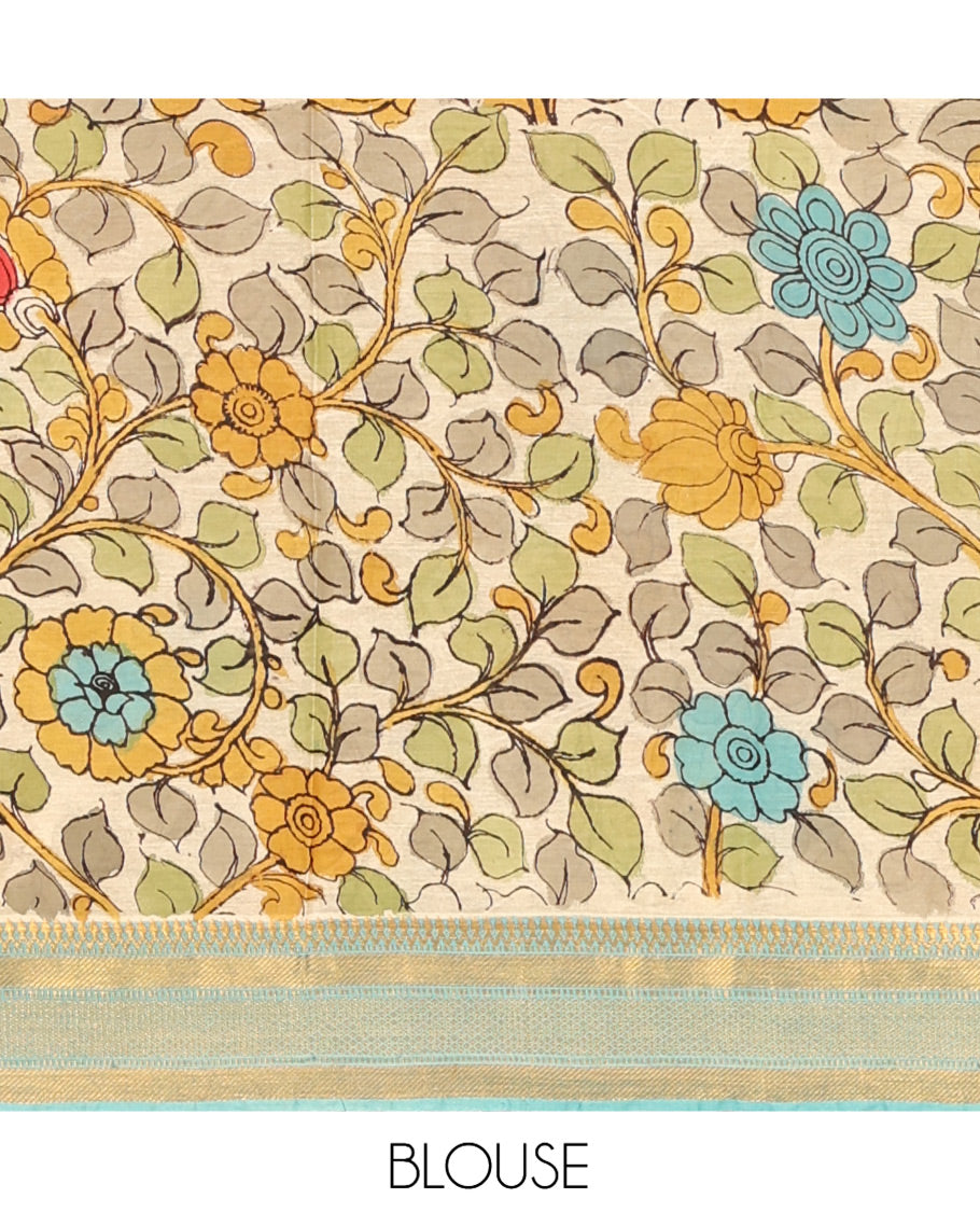 Gold Kalamkari Silk Saree, Impeccably Styled with Floral Vine and Human Motifs Print, a Contrast Traditional Zari Border, Pallu Features Peacocks, and a Contrast Blouse