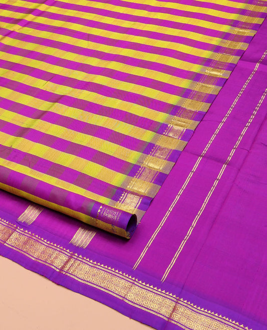 Multi-Color Kanchipuram Silk Saree, Bedecked with Checked Design on Its Body, Highlighted by a Zari One-Sided Border of Rekku, Banaras, and Jaal Designs, Pallu of Zari Designs, and Comes Without a Blouse