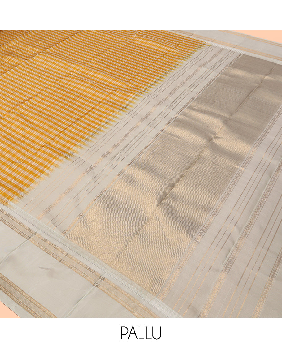 Yellow Checked Vasundhara Lite Silk Mix Saree, a Contrast Rettai Pettu Border, Zari Striped Pallu, and a Contrast Blouse