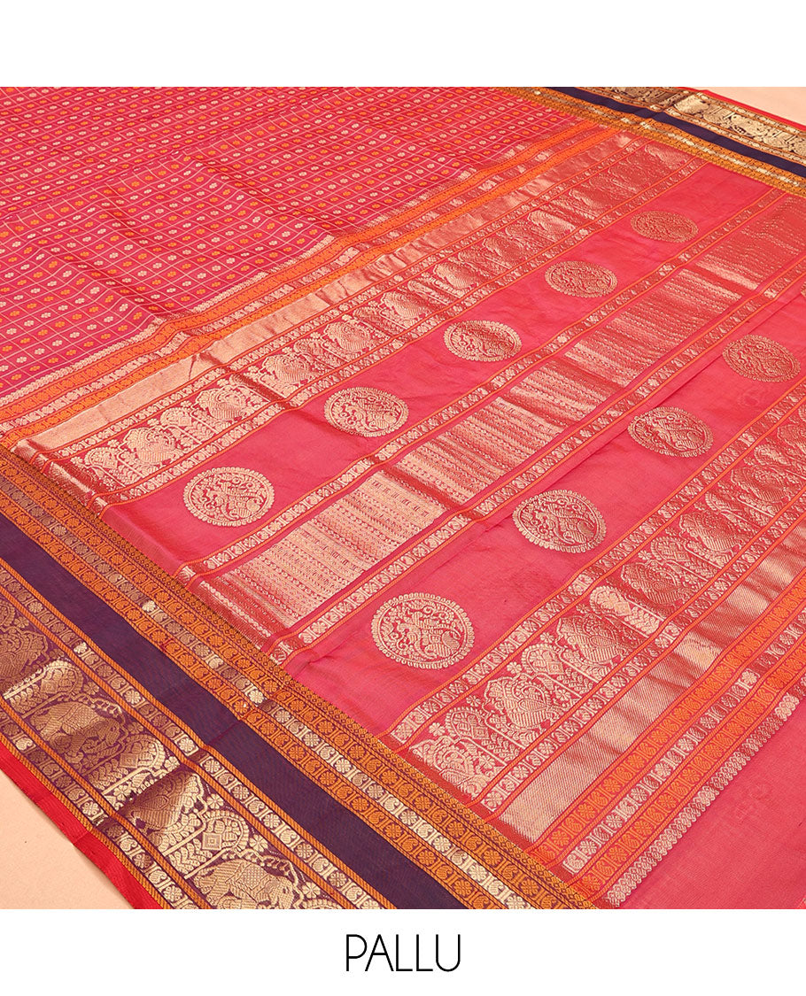 Rani Pink Buttas Enclosed Checked Kuppadam Silk Saree, a Contrast Elephant Border, Matching Blouse