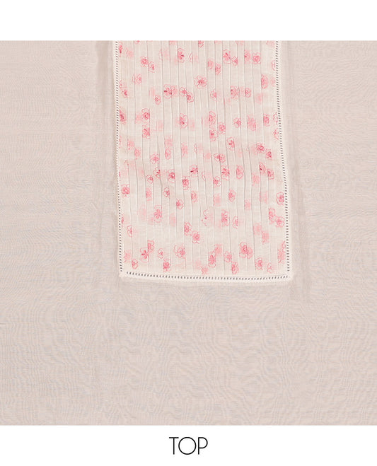 Cream-Pink Cotton Material Churidar Set Featuring Floral Embroidery Top, Matching Bottom, and Floral Embroidery Dupatta