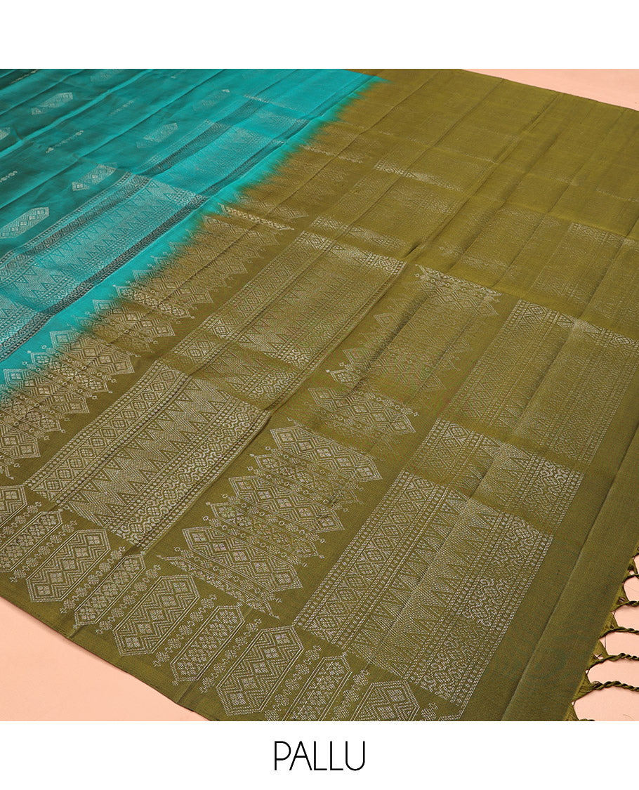 Green Mayuri Soft Silk Saree, Elevated with Zari Buttas All Over Its Body, Complemented by Contrast Border of Intricate Designs, Grand Pallu and Paired with a Contrast Blouse