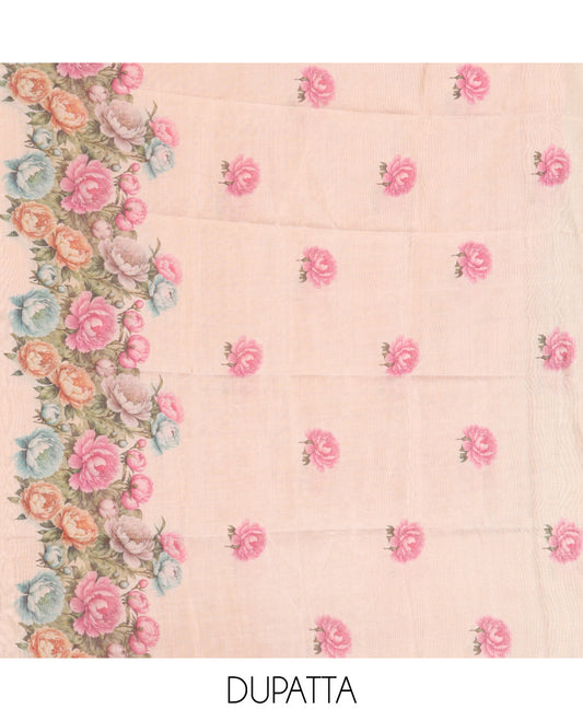 Gold-Chikku Tissue Material Churidar, Beautified with Rose Floral Printed Top, a Contrast Bottom, a Floral Printed Dupatta