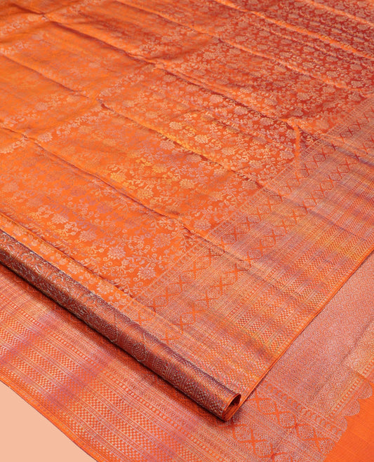 Orange Kanchipuram Wedding Silk Saree, Mesmerized with Floral Jacquard Design, a Zari Border of Traditional Designs, Grand Pallu, and a Matching Blouse